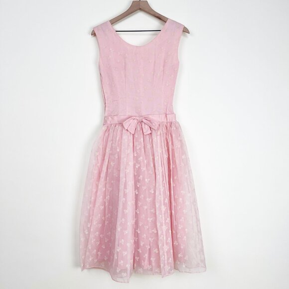 Vintage Dresses & Skirts - Vintage 50s 60s Tea Dress Midi Romantic Drop Waist Balletcore Floral Sheer Mesh